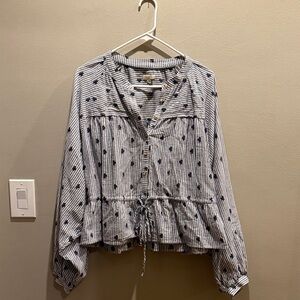 Striped Button-Down Blouse with Navy Accents